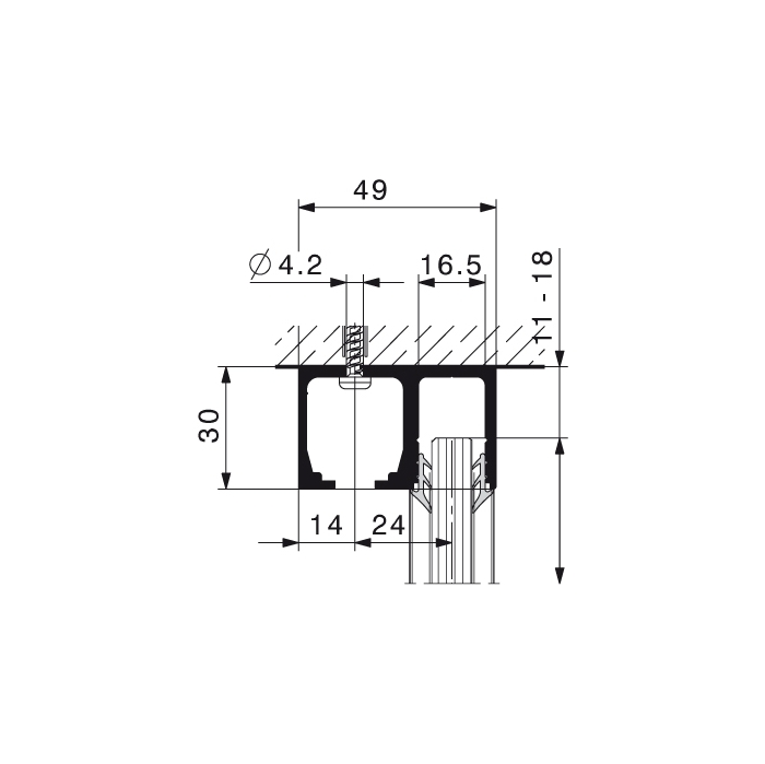 Top track set with fixed glass, cut to size, alu plain anodized, predrilled, to HAWA-Junior 40