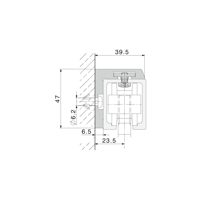 Side-fixing angled profile 6000 mm, alu plain anodized, predrilled, HAWA-Junior 80 glass